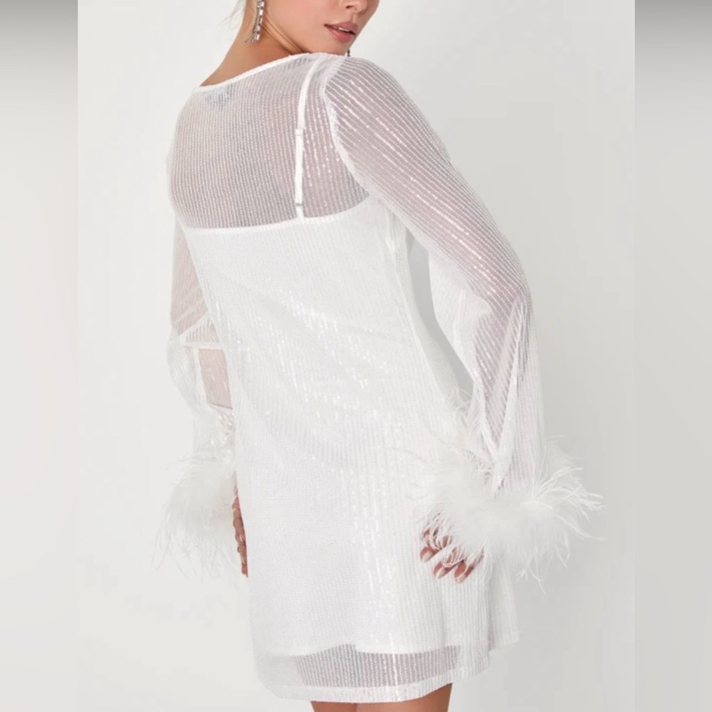 Lulu's White Sequin Mini Dress with Feather Cuffs - Picture 3 of 6